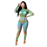 Women's Sexy Dollar Print Mesh Long Sleeve Jumpsuit