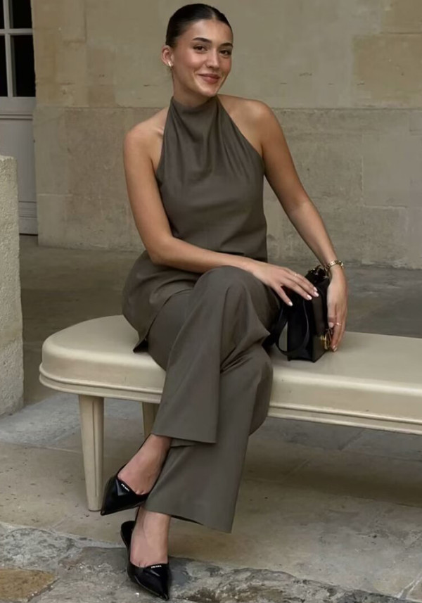 Halter Neck Vest Top Mid-Waist Trousers Casual Two Piece Set