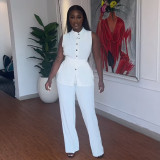 Women's Summer Stand Collar Buttoned Sleeveless Slim Waist Belt Top Wide Leg Pants Two Piece Set
