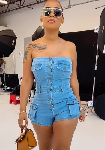 Summer Sexy Strapless Stretch Denim Jumpsuit