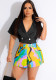 Women's V-Neck Double-Breasted Short-Sleeved Blazer Printed Shorts Two-Piece Set