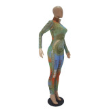 Women's Sexy Dollar Print Mesh Long Sleeve Jumpsuit