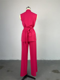 Women's Summer Stand Collar Buttoned Sleeveless Slim Waist Belt Top Wide Leg Pants Two Piece Set