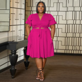 Women's Ruffle Sleeve Lace-Up V-Neck Top Loose Pocket Skirt Plus Size Two Piece Set
