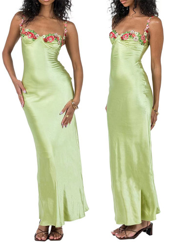 Spring And Summer Fashion Sexy Embroidered Lace Straps Solid Color Long Dress