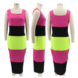Multicolor Patchwork Plus Size U Neck Strappy Women's Sleeveless Long Dress