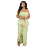 Women's Fashion Trend Ribbed Solid Color Slit Tassel Long Skirt Tank Top Two Piece Set