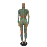 Women's Sexy Dollar Print Mesh Long Sleeve Jumpsuit