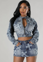 Women's Clothing Trendy Fashion Patch Denim Two Piece Skirt Set