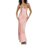 Spring And Summer Fashion Sexy Embroidered Lace Straps Solid Color Long Dress