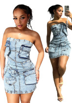 Strapless Pocket Slim Fit Denim Dress