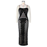 Fashion Women's Clothing Sexy Velvet Ripped Tight Fitting Strap Long Dress