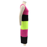 Multicolor Patchwork Plus Size U Neck Strappy Women's Sleeveless Long Dress
