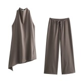 Halter Neck Vest Top  Mid-Waist Trousers Casual Two Piece Set