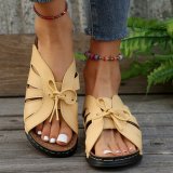 Women Summer Wedge Peep-Toe Slippers Solid Bow Roman Sandals