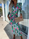Women Spring Puff Long Sleeve Slit V Neck Print Dress