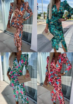 Women Spring Puff Long Sleeve Slit V Neck Print Dress