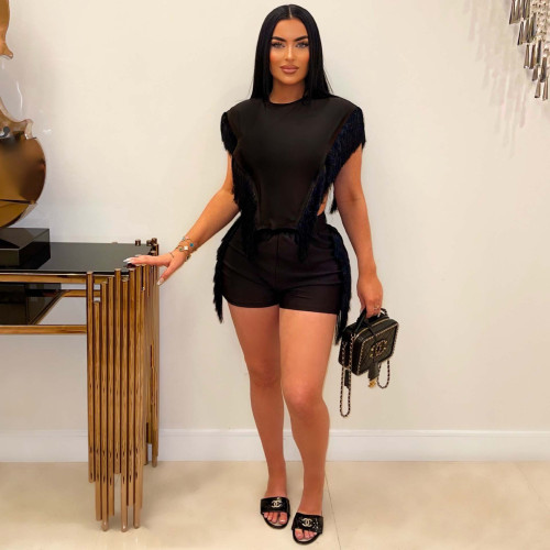 Women Short Sleeve Top and Tassel Pants Two-piece Set