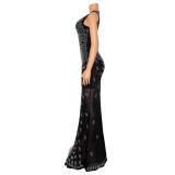 Women Sexy V Neck Mesh Beaded Dress
