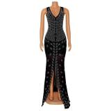 Women Sexy V Neck Mesh Beaded Dress