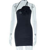 Women Solid Halter Neck Sleeveless Flower Bodycon Dress