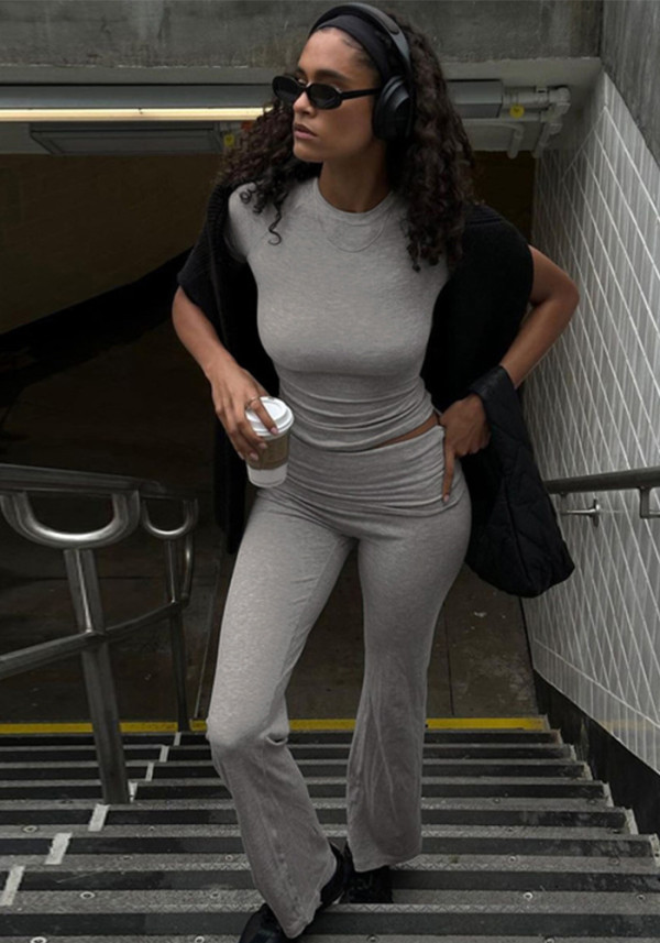 Women Spring Summer Crop Short Sleeve T-Shirt And Pants Two-piece Set