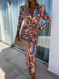 Women Spring Puff Long Sleeve Slit V Neck Print Dress
