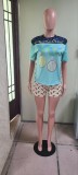 Fashionable Casual Trendy Printed Short-Sleeved Two Piece Shorts Set