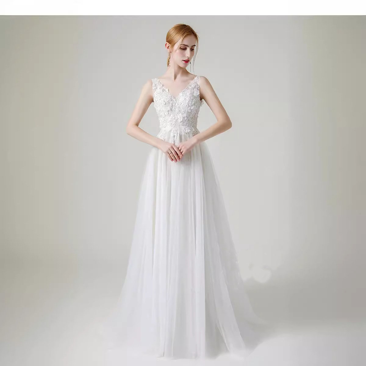 Strap V-Neck Lace Wedding Dress Fromal Party Evening Dress(Processing time need 3-6 days)