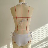 Solid Color Two Pieces Bikini Printed Short Sleeve Mesh Top Sexy Three-Piece Swimwear