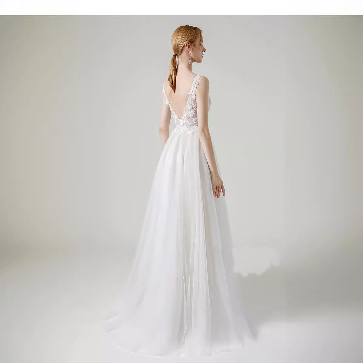 Strap V-Neck Lace Wedding Dress Fromal Party Evening Dress(Processing time need 3-6 days)