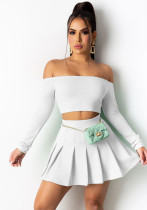 Women's Spring And Summer Sexy Fashion Solid Color Off Shoulder Long Sleeve Crop Top Pleated Skirt Two-Piece Set Women's Spring And Summer Sexy Fashion Solid Color Off Shoulder Long Sleeve Crop Top Pleated Skirt Two-Piece Set