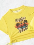 Solid Color Two Pieces Bikini Printed Short Sleeve Mesh Top Sexy Three-Piece Swimwear