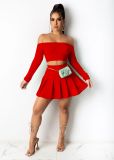 Women's Spring And Summer  Sexy Fashion Solid Color Off Shoulder Long Sleeve Crop Top Pleated Skirt Two-Piece Set