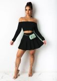Women's Spring And Summer  Sexy Fashion Solid Color Off Shoulder Long Sleeve Crop Top Pleated Skirt Two-Piece Set
