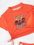 Solid Color Two Pieces Bikini Printed Short Sleeve Mesh Top Sexy Three-Piece Swimwear