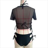 Solid Color Two Pieces Bikini Printed Short Sleeve Mesh Top Sexy Three-Piece Swimwear