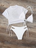 Solid Color Two Pieces Bikini Printed Short Sleeve Mesh Top Sexy Three-Piece Swimwear