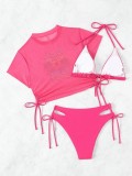 Solid Color Two Pieces Bikini Printed Short Sleeve Mesh Top Sexy Three-Piece Swimwear