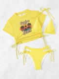 Solid Color Two Pieces Bikini Printed Short Sleeve Mesh Top Sexy Three-Piece Swimwear