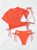 Solid Color Two Pieces Bikini Printed Short Sleeve Mesh Top Sexy Three-Piece Swimwear