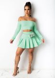 Women's Spring And Summer  Sexy Fashion Solid Color Off Shoulder Long Sleeve Crop Top Pleated Skirt Two-Piece Set