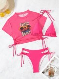 Solid Color Two Pieces Bikini Printed Short Sleeve Mesh Top Sexy Three-Piece Swimwear