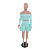 Women's Spring And Summer  Sexy Fashion Solid Color Off Shoulder Long Sleeve Crop Top Pleated Skirt Two-Piece Set