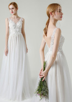 Strap V-Neck Lace Wedding Dress Fromal Party Evening Dress（Processing time need 3-6 days）