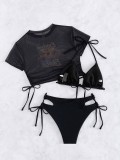 Solid Color Two Pieces Bikini Printed Short Sleeve Mesh Top Sexy Three-Piece Swimwear