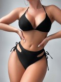 Solid Color Two Pieces Bikini Printed Short Sleeve Mesh Top Sexy Three-Piece Swimwear
