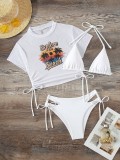 Solid Color Two Pieces Bikini Printed Short Sleeve Mesh Top Sexy Three-Piece Swimwear