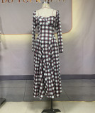 Women Autumn U-neck Plaid Long Sleeve Belt Dress