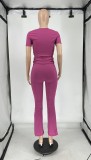 Women Summer Ribbed U-neck Short Sleeve Top and Pant Two-piece Set